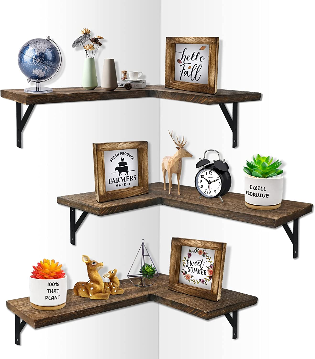 Corner Wall Floating Shelf Set of 3, Rustic Wood Wall Storage Organizer Shelves