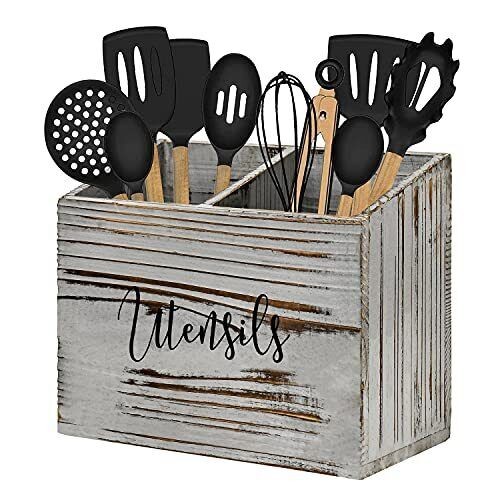 LADESIGGN Wood Utensil Holder for Countertop Farmhouse Kitchen Decor for Flat...